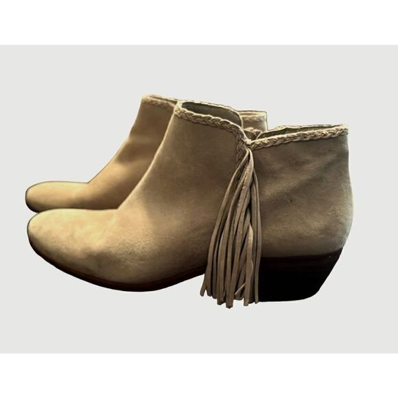 Sam Edelman boots Paige fringe bootie suede greige ankle stacked heel Sz 7.5 - Picture 2 of 13